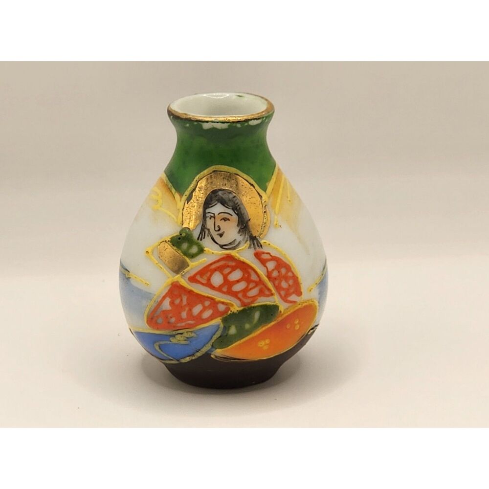 Occupied Japan Satsuma Style Mini Bud Vase Geisha Figural Green Brown Gold Gilt